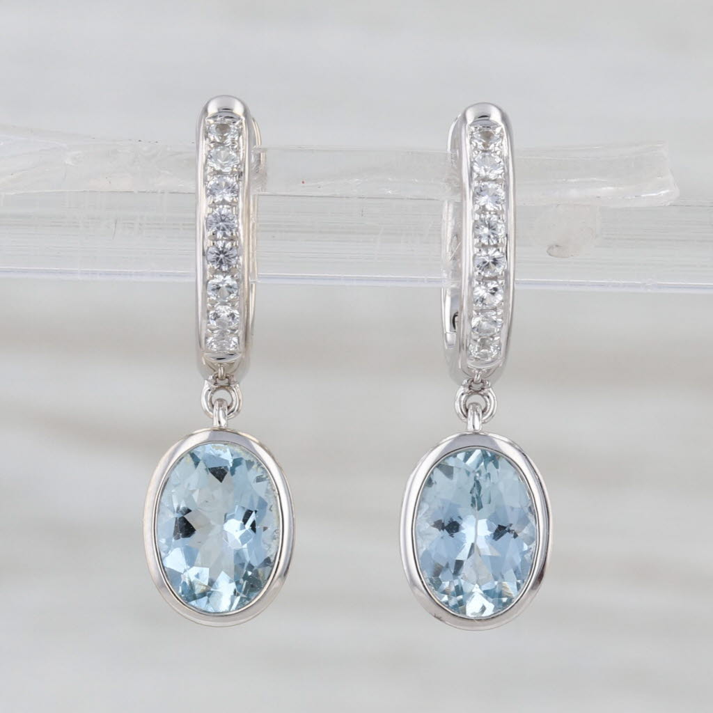 1.72ctw Aquamarine Drop Sapphire Hoop Earrings 14k White Gold Snap Top Hoops