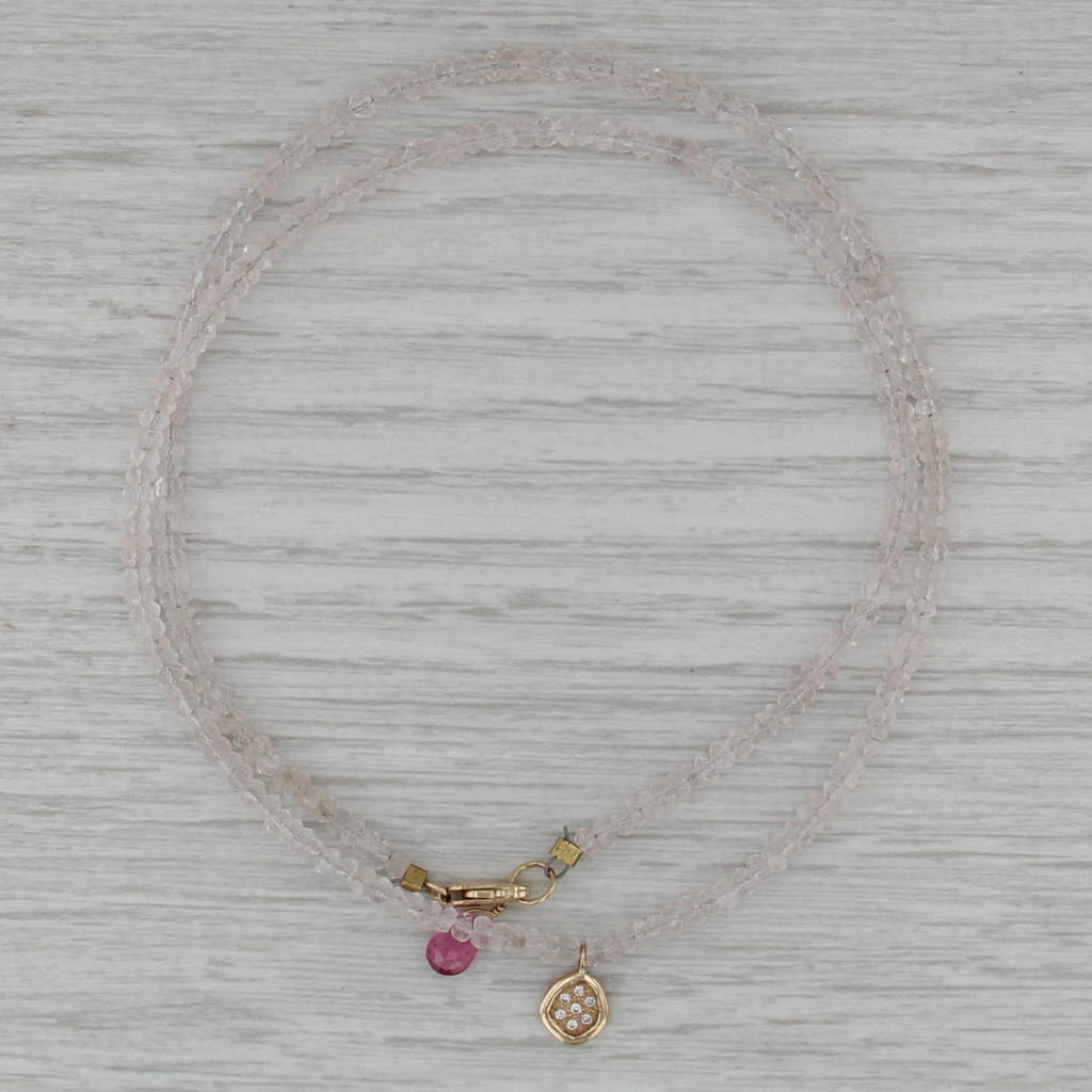 Pink Tourmaline Quartz Diamond Bead Necklace 14k Yellow Gold 17.75" Designer