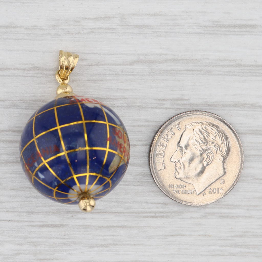 Spinning Globe Pendant 14k Yellow Gold Stone Mosaic Inlay Charm World Continents