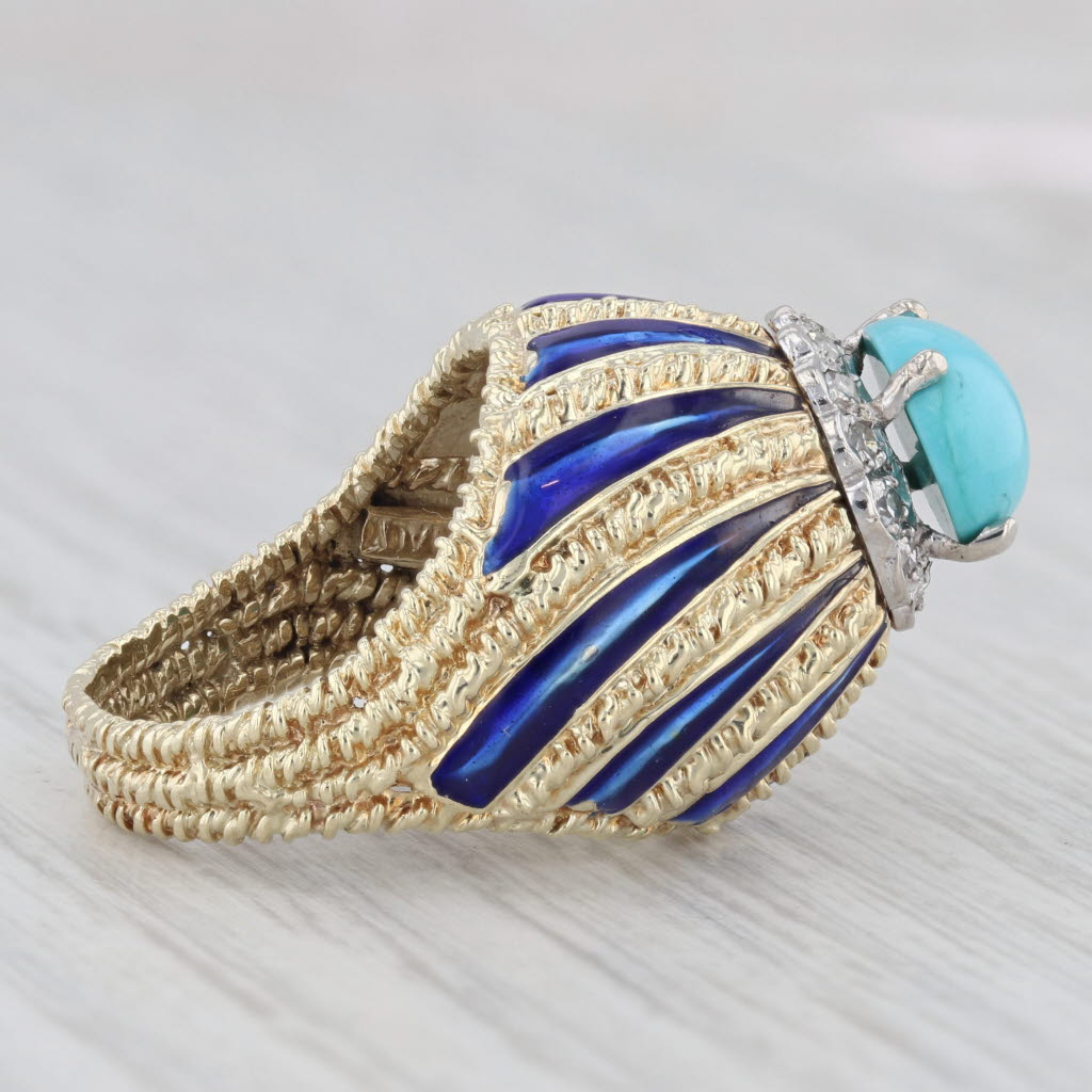 Light Gray Vintage Turquoise Diamond Enamel Cocktail Ring 14k Yellow Gold Size 5.75