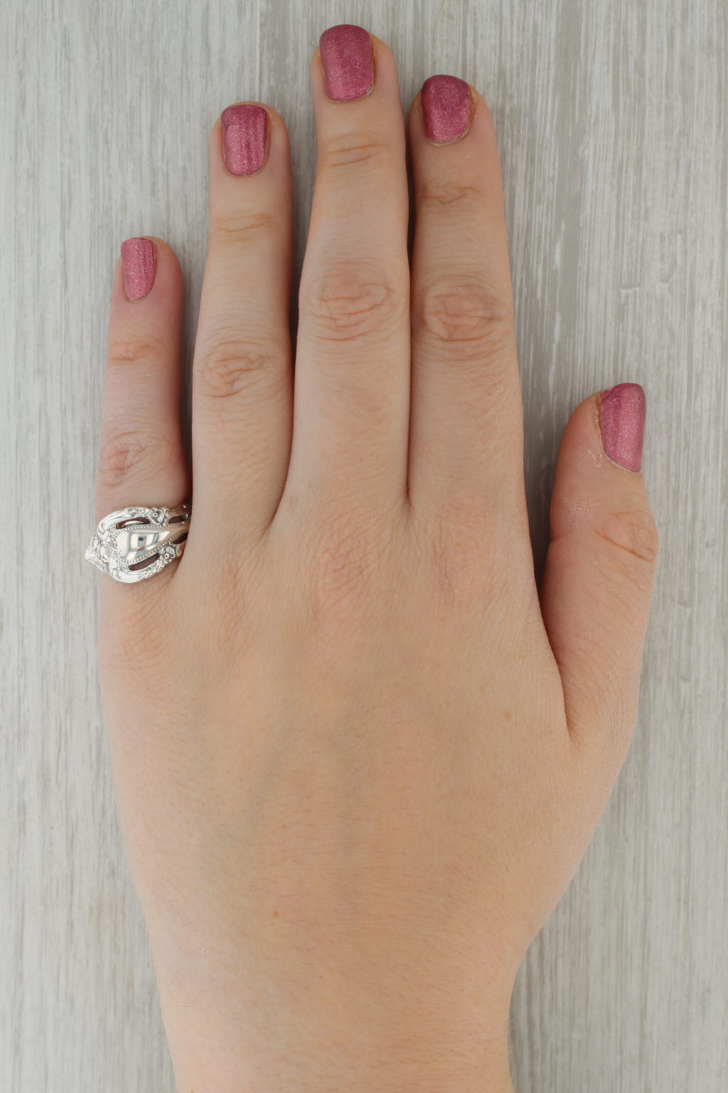 Rosy Brown Eloquence Flower Pattern Spoon Ring Sterling Silver Size 6.25
