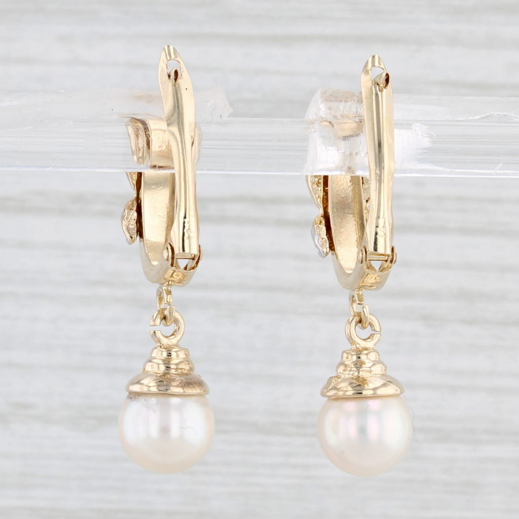 Light Gray Cultured Pearl Diamond Drop Earrings 14k Yellow Gold Snap Top