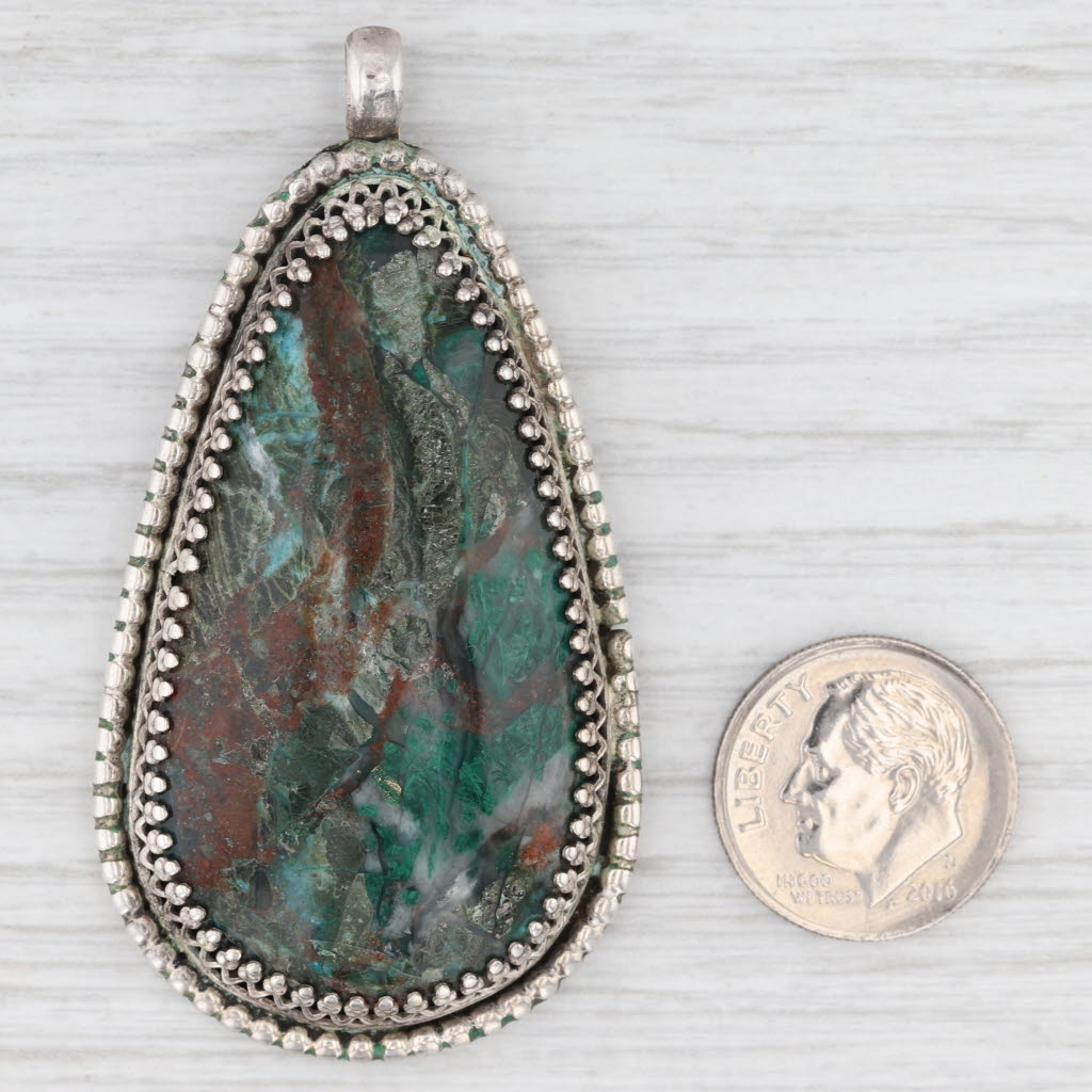 Light Gray Vintage Native American Marbled Multi-Stone Cabochon Pendant Sterling Silver