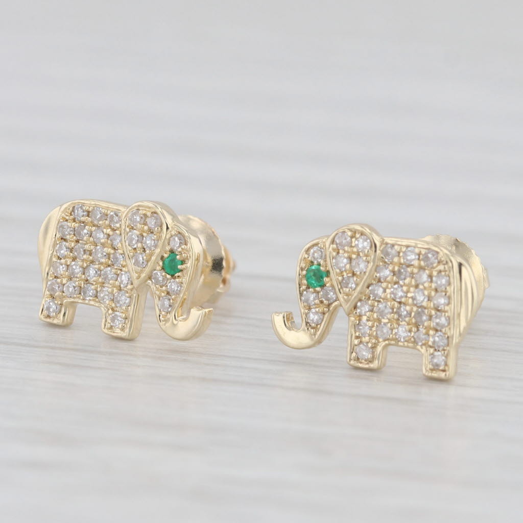 Light Gray New 0.20ctw Diamond Emerald Elephant Stud Earrings 10k Yellow Gold