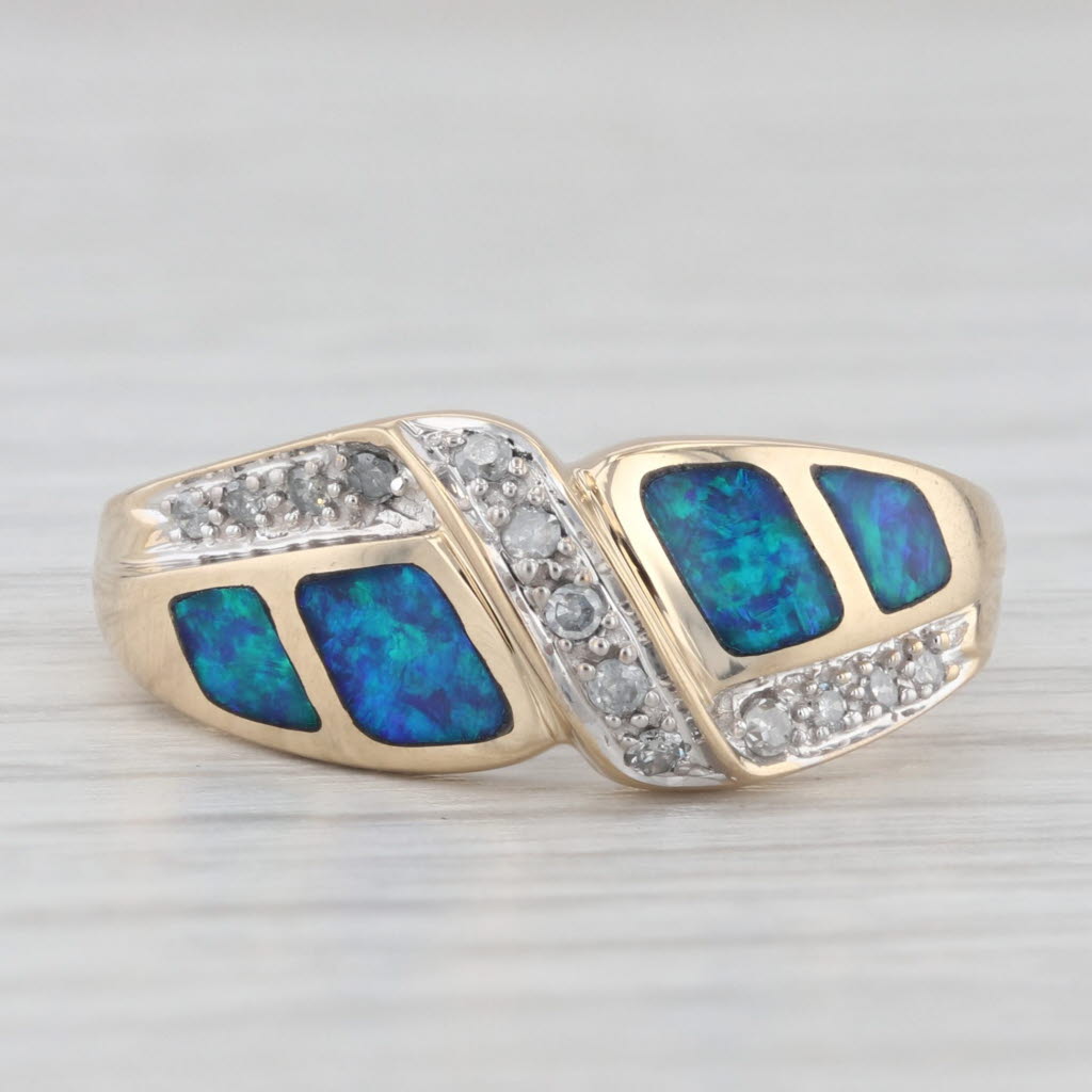 Light Gray Blue Green Opal Inlay Mosaic Diamond Ring 14k Yellow Gold Size 7.25