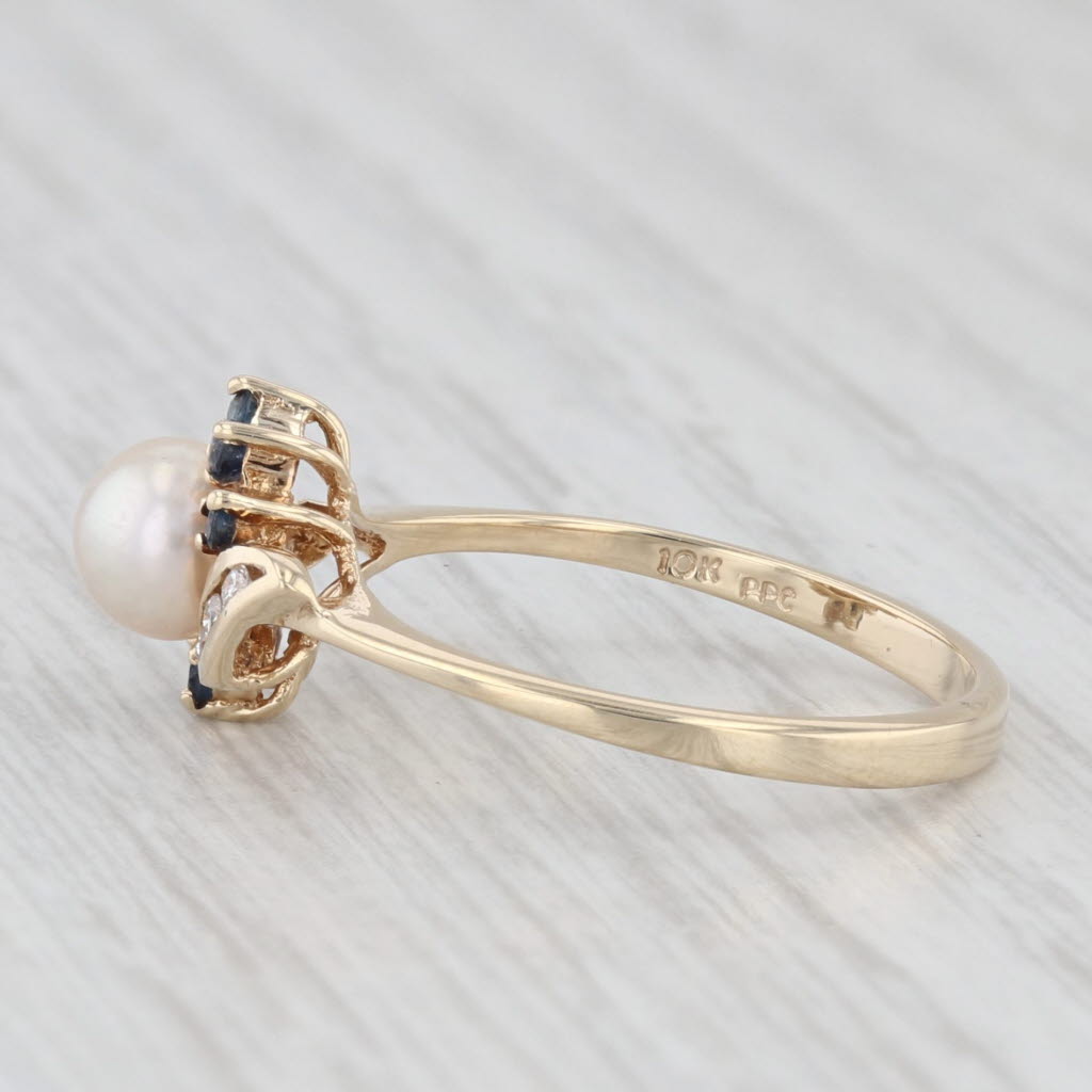 Light Gray 0.14ctw Cultured Pearl Blue Sapphire Diamond Ring 10k Yellow Gold Size 6.25