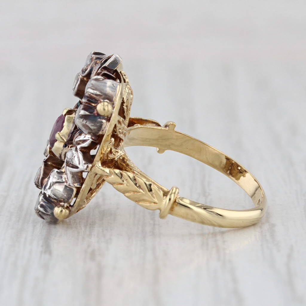 Antique 0.54ctw Ruby Diamond Ornate Floral Ring 18k Gold Silver Size 6.5