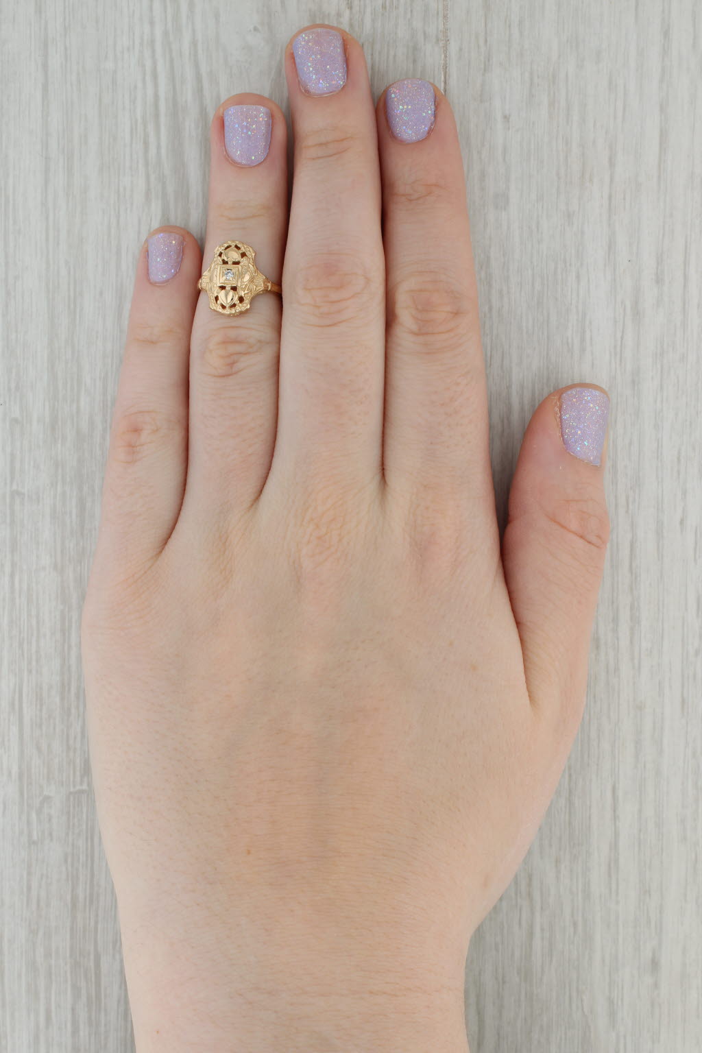 Dark Gray Vintage Diamond Ornate Ring 14k Yellow Gold Size 4.5