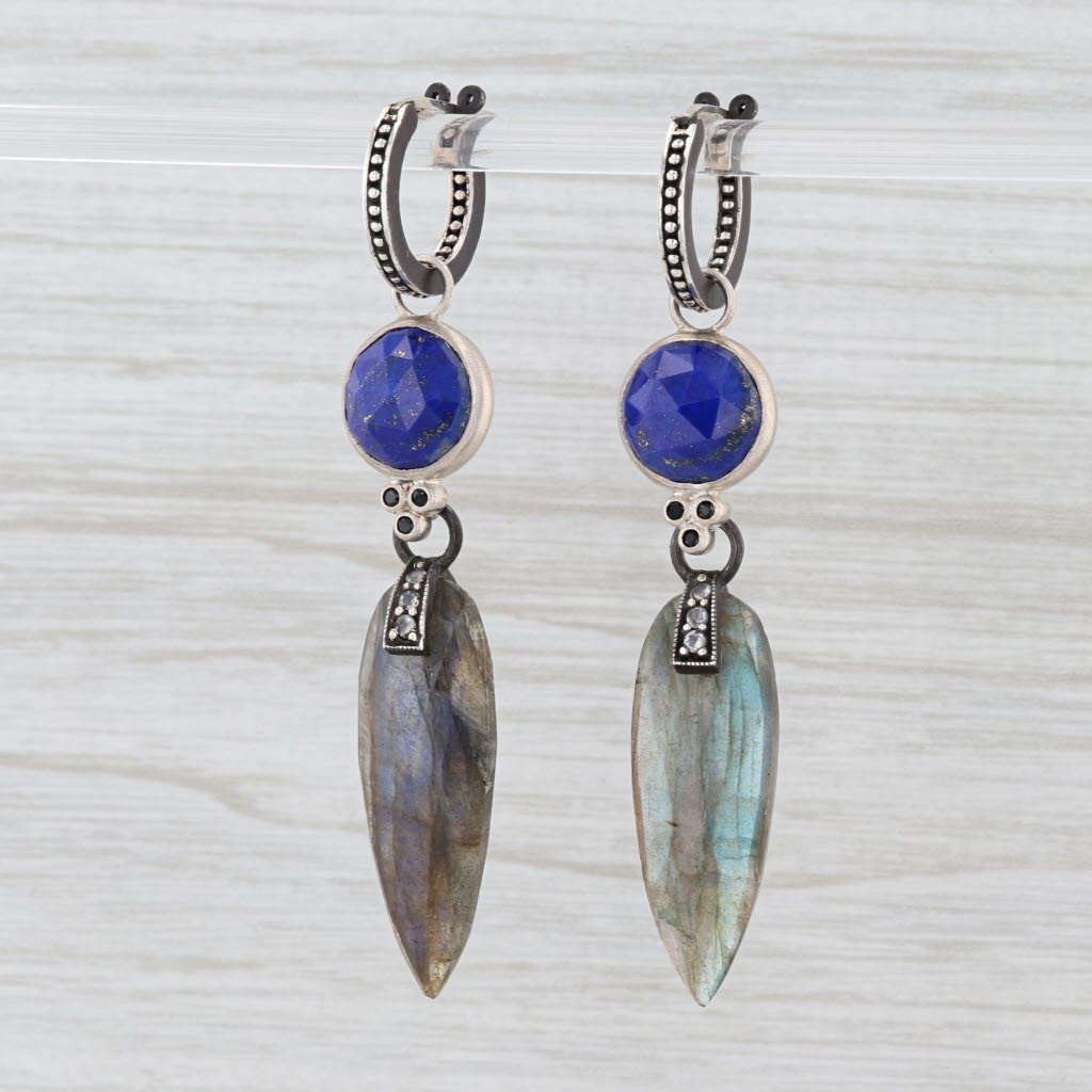 New Nina Wynn Hoop Charm Drops Earrings Sterling Silver Lapis Labradorite