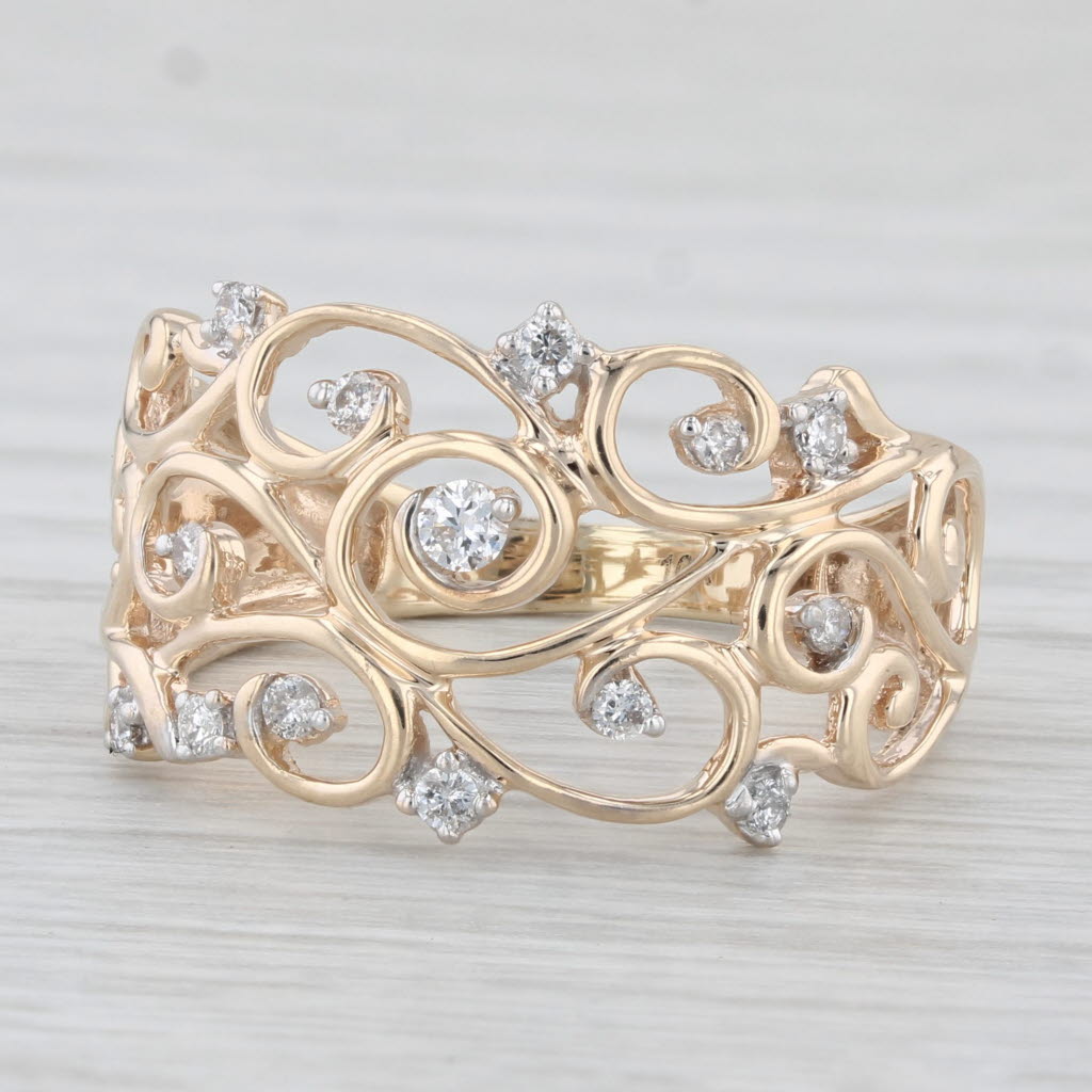 Light Gray 0.20ctw Diamond Ornate Openwork Ring 10k Yellow Gold Size 9