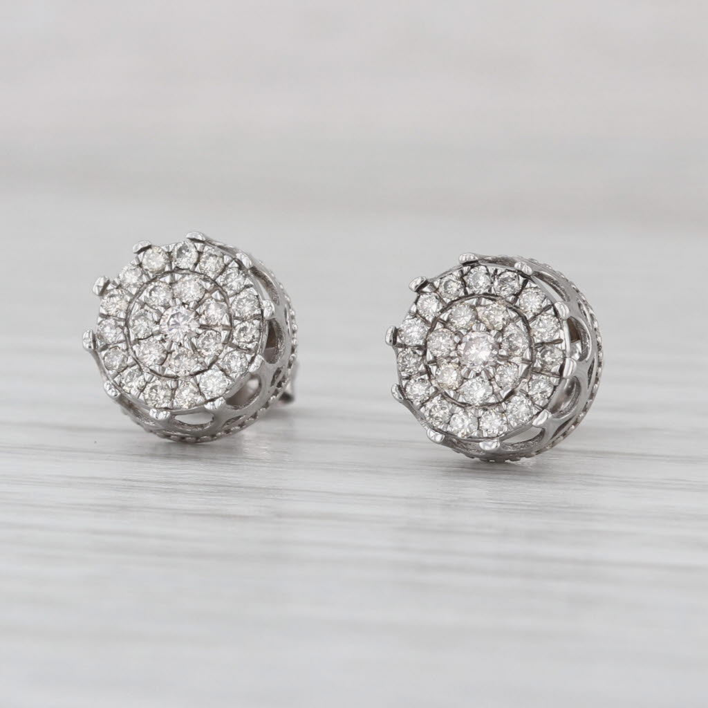 0.58ctw Diamond Halo Cluster Stud Earrings 10k White Gold Round Studs