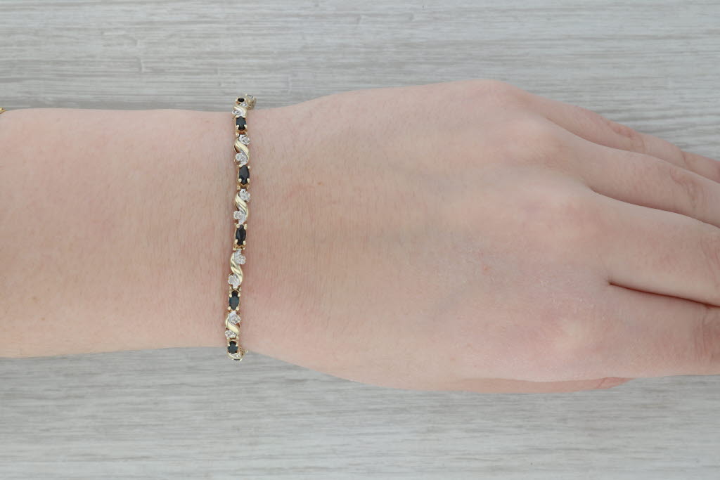 Dark Gray Blue Sapphire Diamond Tennis Bracelet 10k Yellow Gold 7"