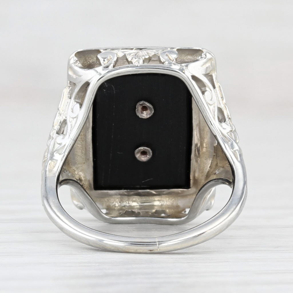 Light Gray Vintage Kappa Alpha Theta Onyx Sorority Signet Ring 14k White Gold Size 4