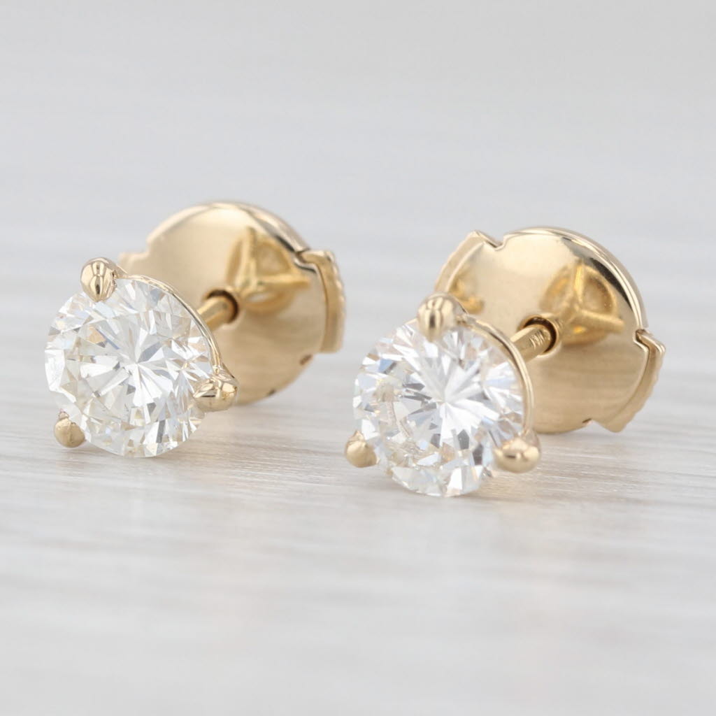 Light Gray 0.99ctw Round Diamond Solitaire Stud Earrings 14k Yellow Gold GIA