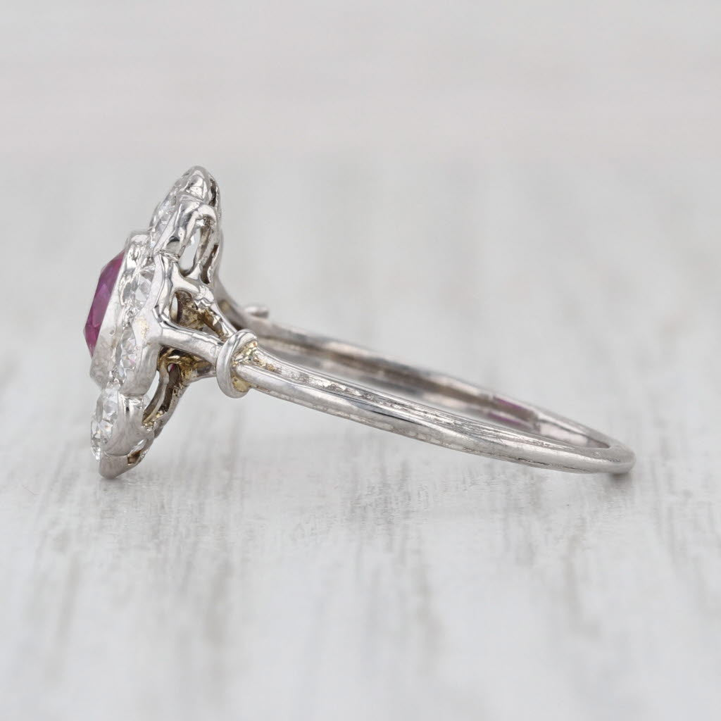 Antique 1.61ctw Ruby Diamond Halo Ring Platinum Size 8.25 GIA Engagement