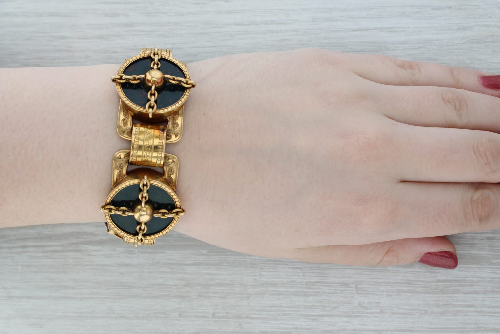 Gray Antique French Bloodstone Bracelet 18k Yellow Gold 6.75" 31.4mm Statement