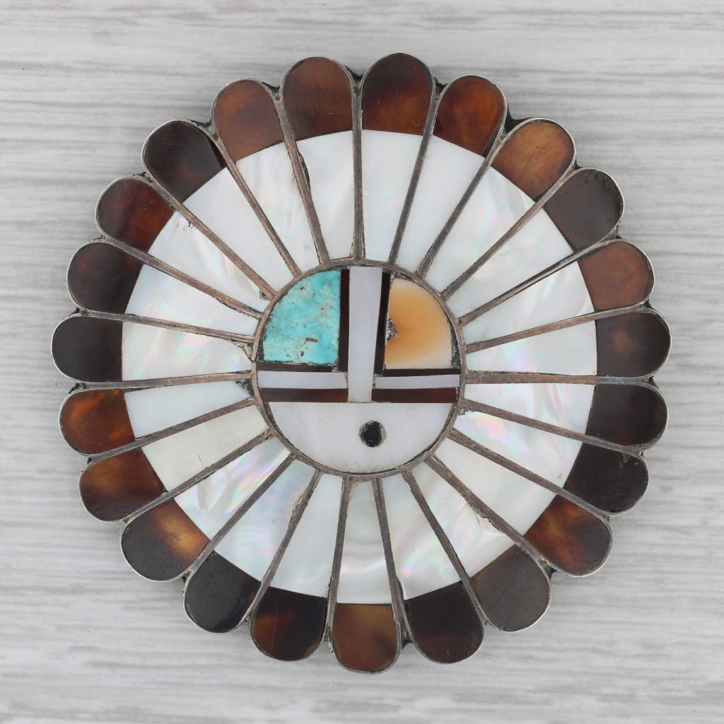 Gray Native American Zuni Sun God Brooch Sterling Silver Mother of Pearl Turquoise