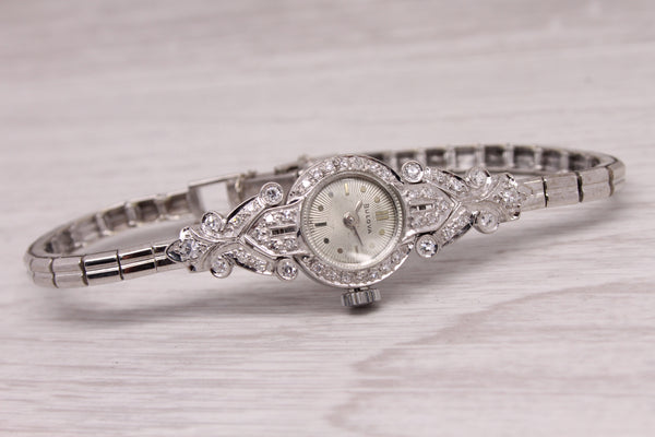 Gray Vintage Bulova Ladies 14k White Gold & Diamond Wrist Watch 0.30ctw - Serviced -