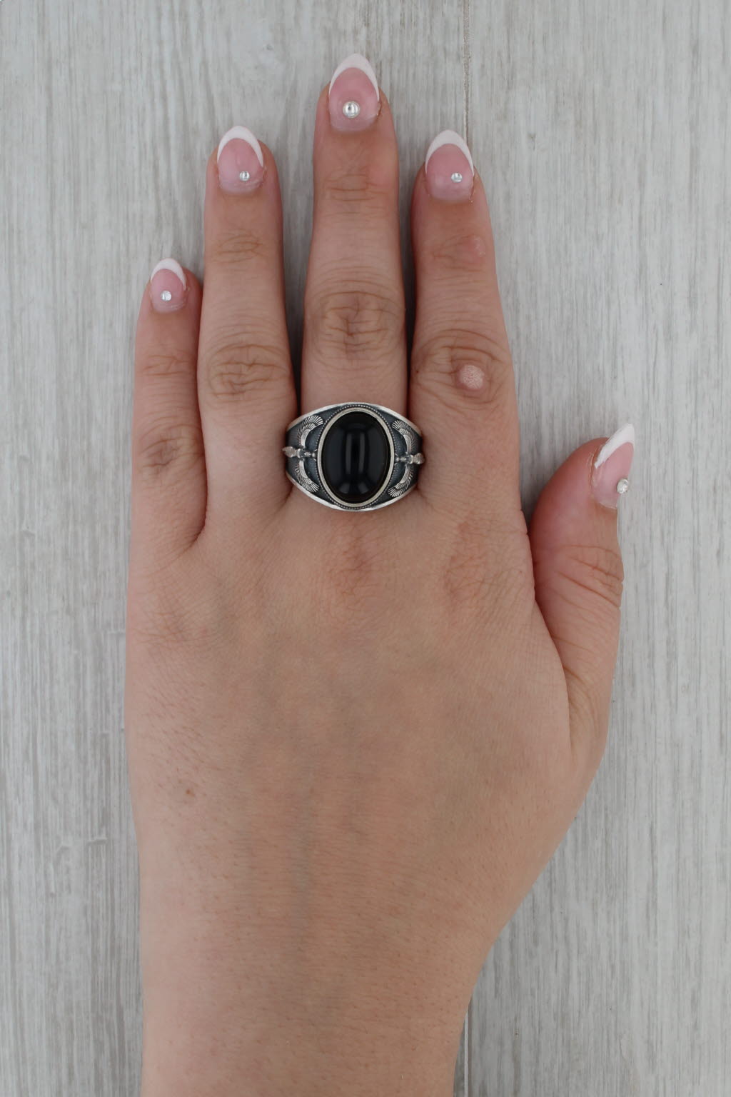 Onyx Sterling Silver Ring Size 12.5 Winged Figure Tribal Egyptian Goddess