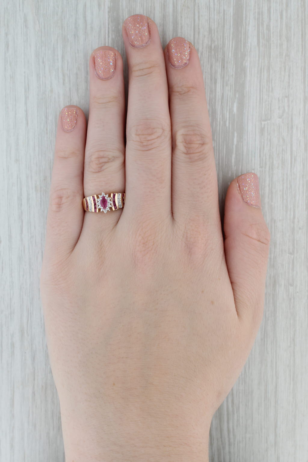 Gray 0.43ctw Marquise Ruby Diamond Halo Ring 10k Yellow Gold Size 7.5