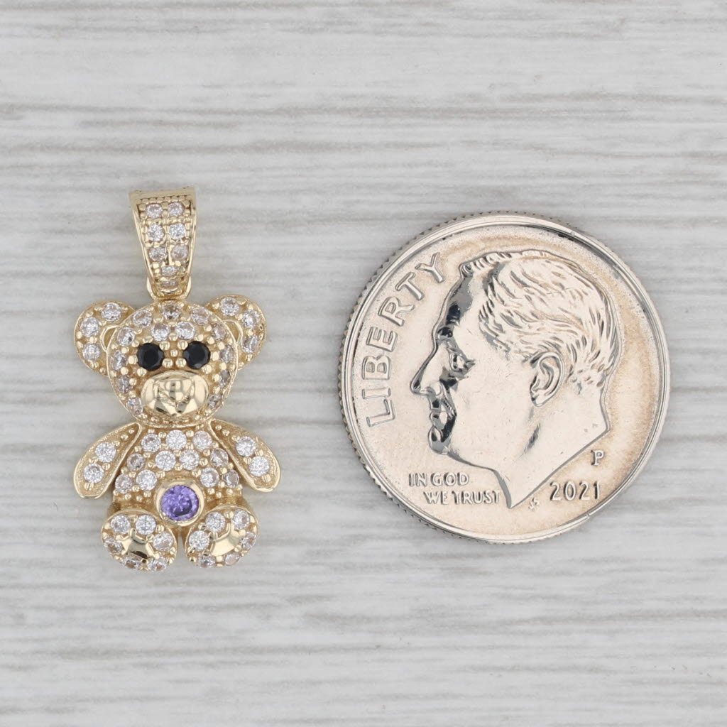 Gray Cubic Zirconia Teddy Bear Pendant 10k Yellow Gold Gift Keepsake