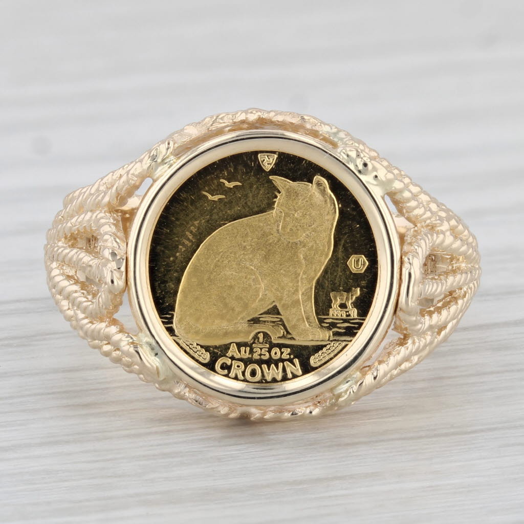 Light Gray Isle of Man 1/25th Gold Crown 1990 Coin Ring 14k 9999 Yellow Gold Size 9