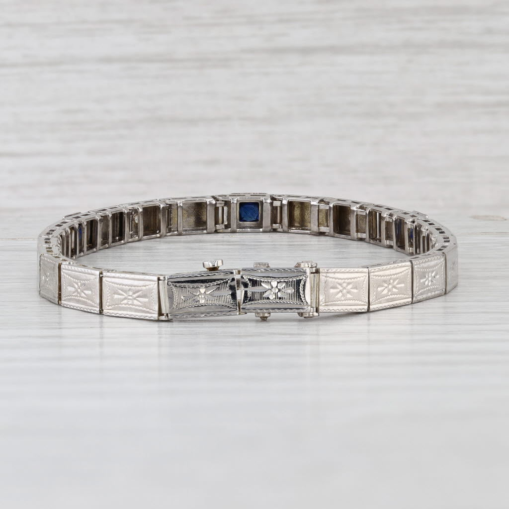 Art Deco Lab Created Sapphire Diamond Link Bracelet 6.75" 4.5mm