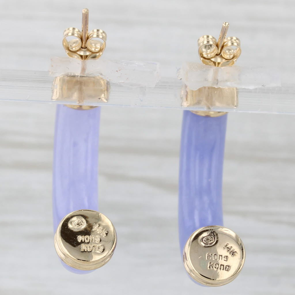 Light Gray Lavender Jadeite Jade Half Hoop Hololith Earrings 14k Yellow Gold Pierced Drops
