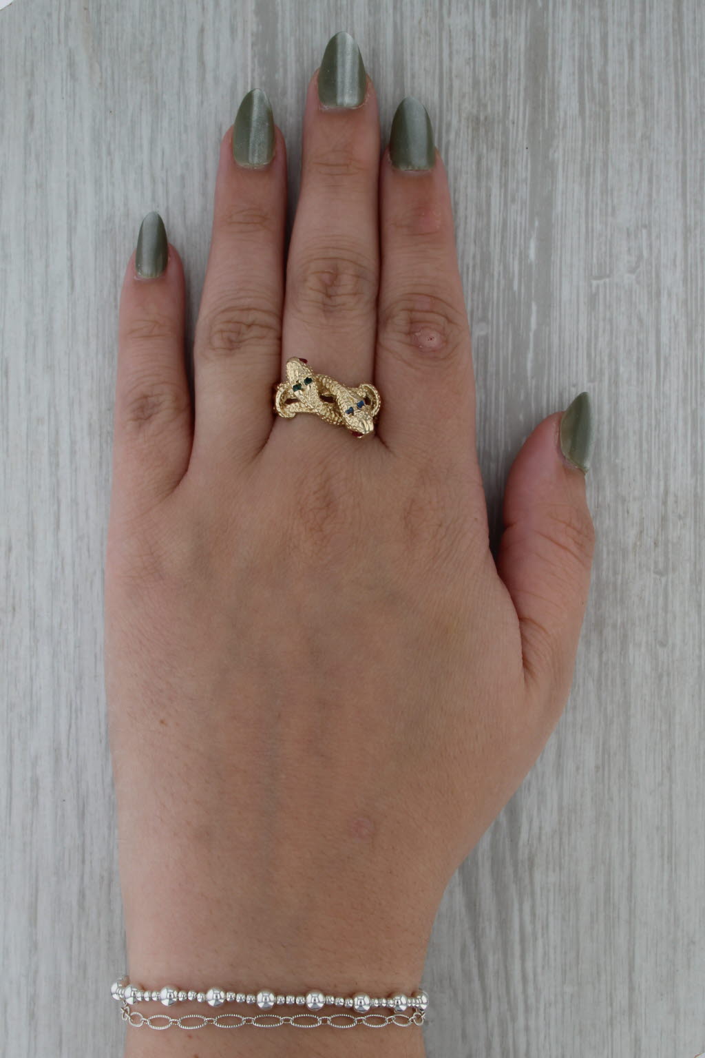 Intertwining Snakes Bypass Ring 18k Gold Size 11 Lab Created Rubies Spinel