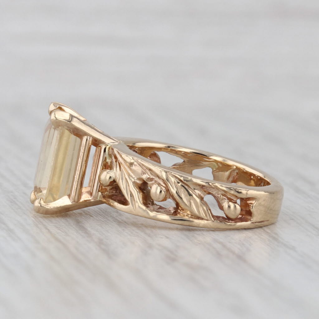 Gray 0.70ct Emerald Cut Citrine Solitaire Ring 14k Yellow Gold Floral Band Size 3
