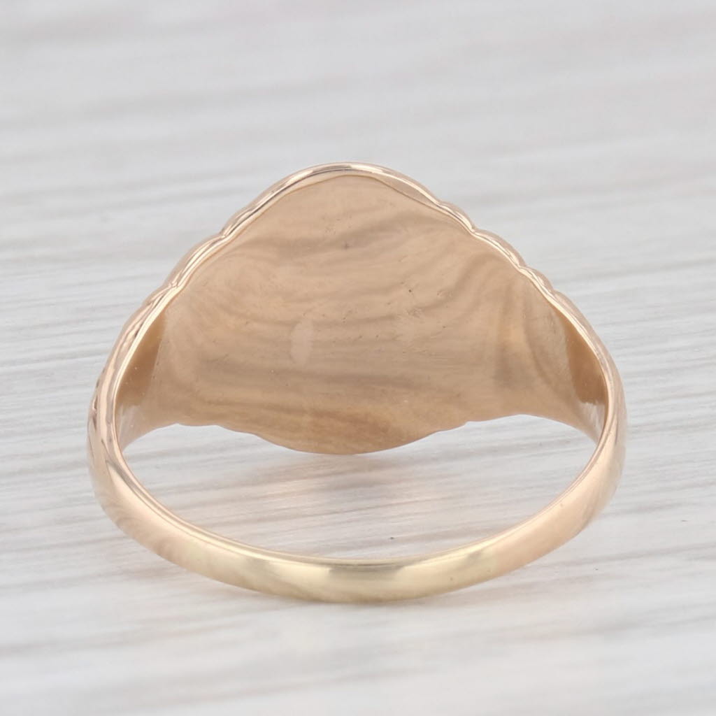 Light Gray Engravable Signet Ring 10k Yellow Gold Floral Etched Small Size 3