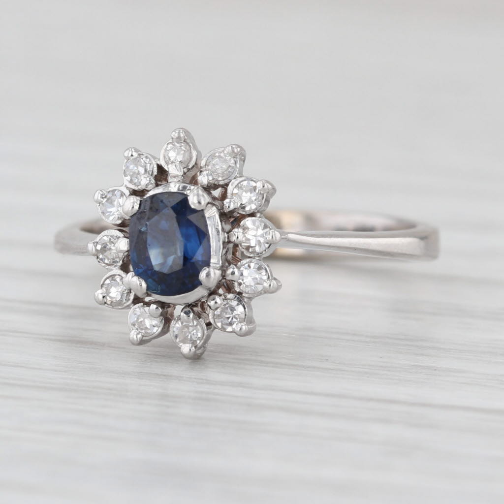 0.62ctw Blue Sapphire Diamond Halo Ring 14k White Gold Size 6.5 Engagement