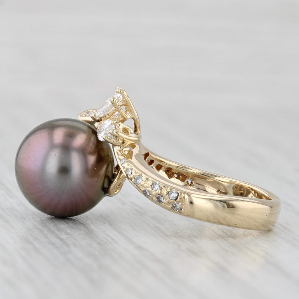 Light Gray Cultured Black Pearl 0.26ctw Diamond Ring 14k Yellow Gold Size 4
