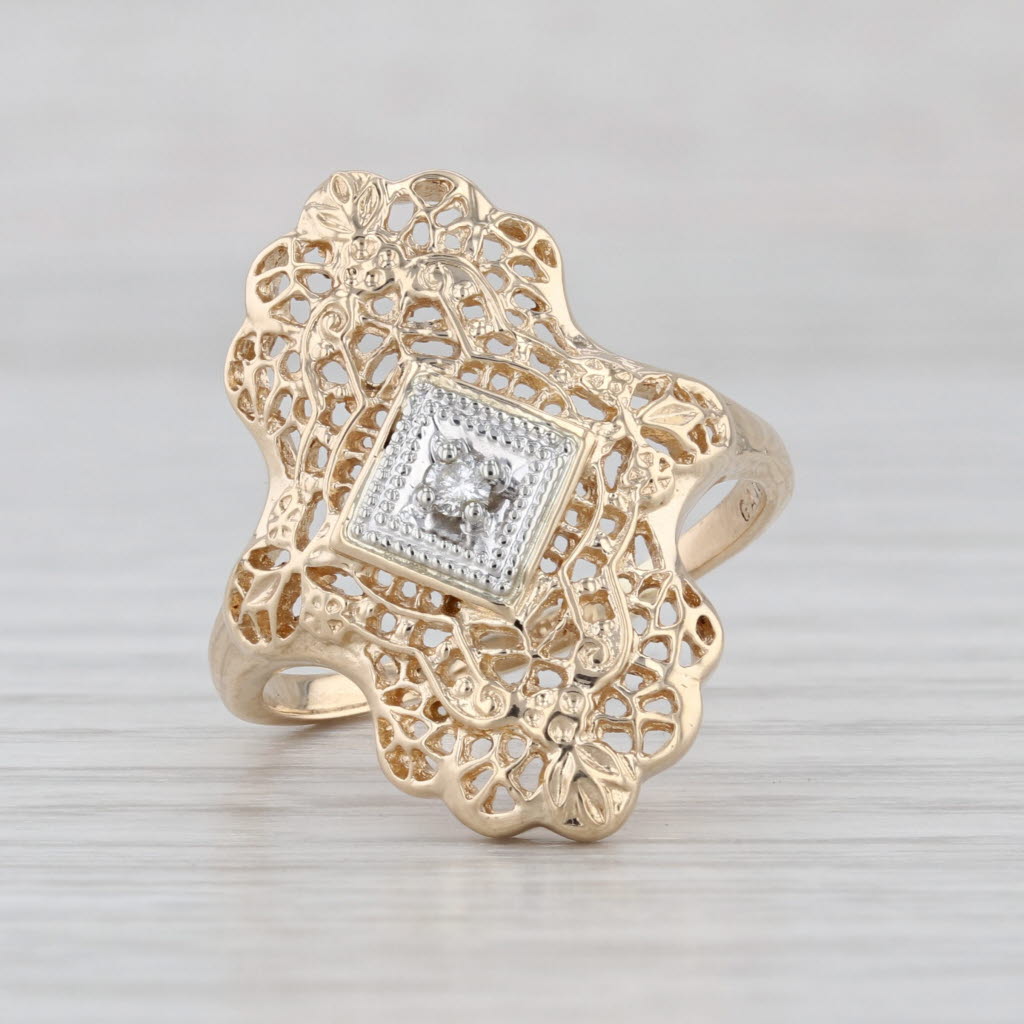 Vintage Filigree Diamond Ring 10k Yellow Gold Size 8.5