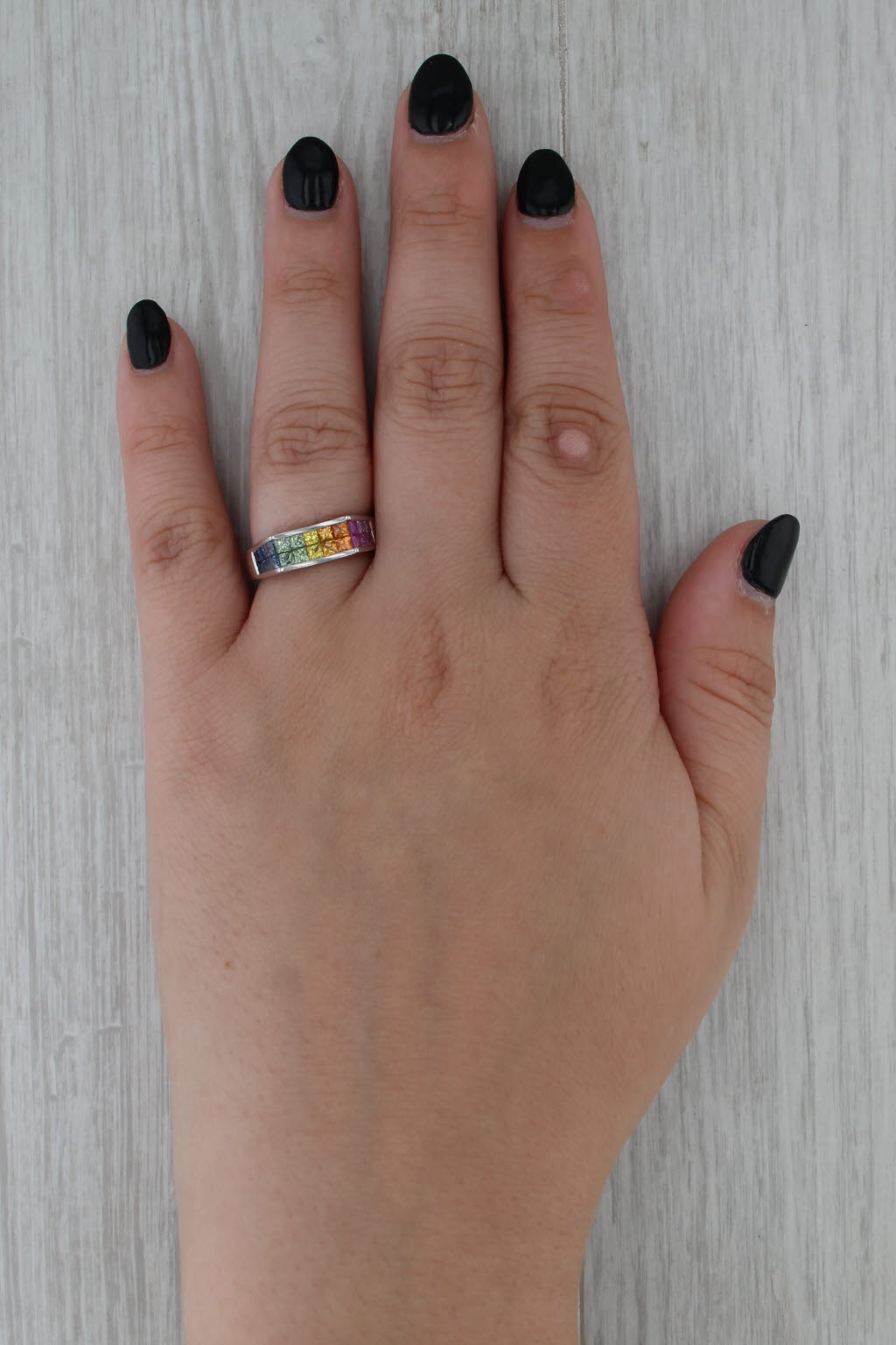 0.70ctw Rainbow Sapphire Ring 14k White Gold Size 7 Stackable