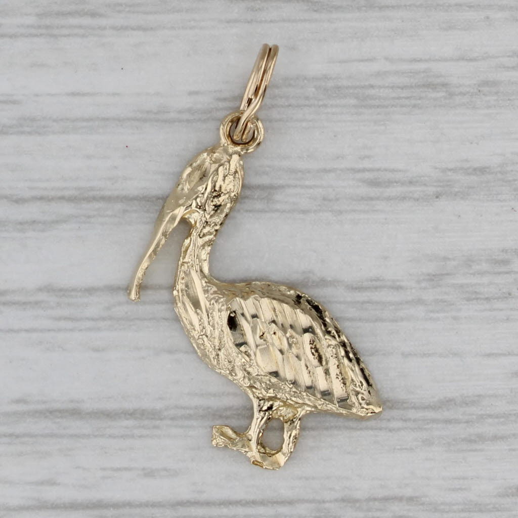 Gray Pelican Charm 14k Yellow Gold Bird Pendant