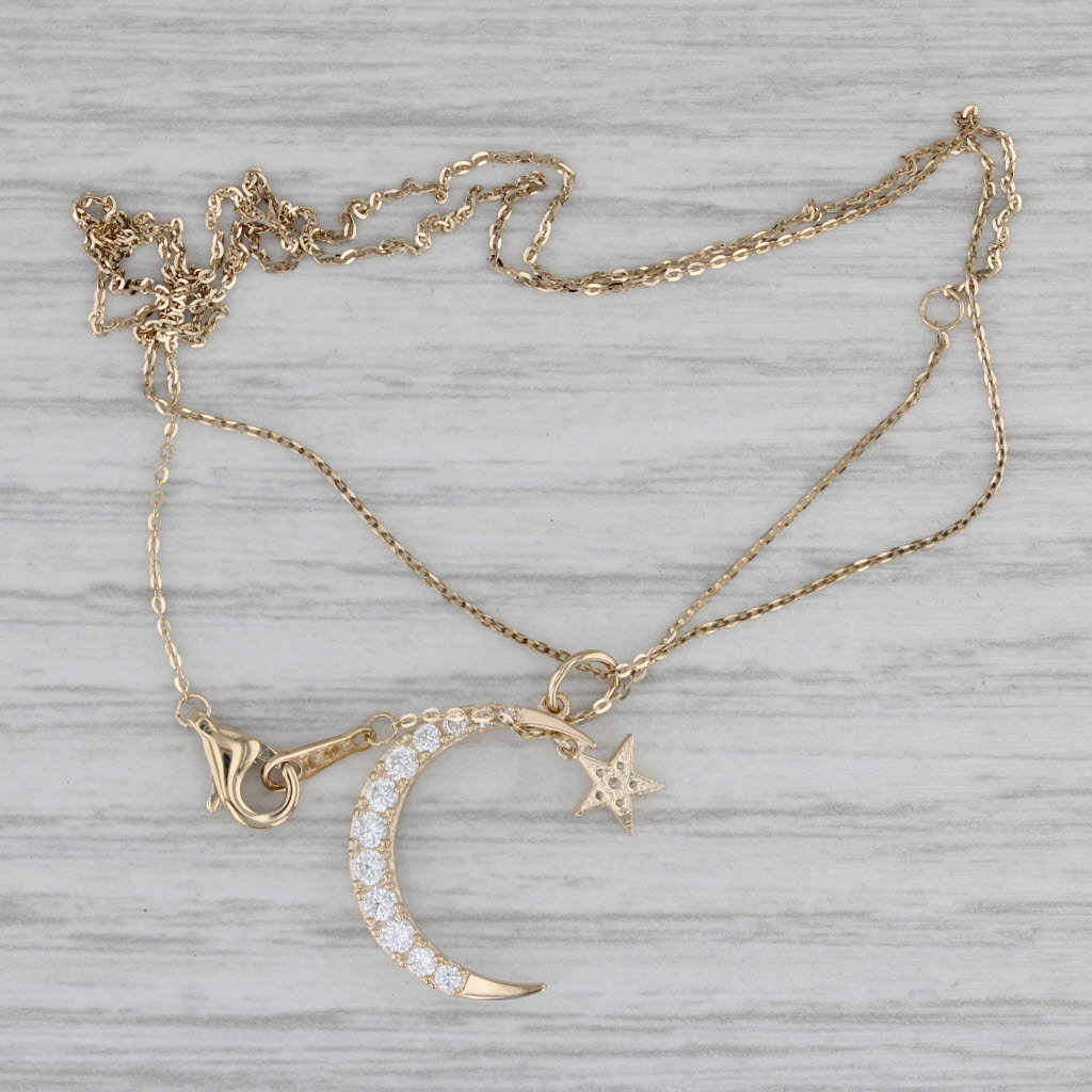 Gray 0.28ctw Cubic Zirconia Crescent Moon Star Pendant Necklace 14k Gold 16" 18"