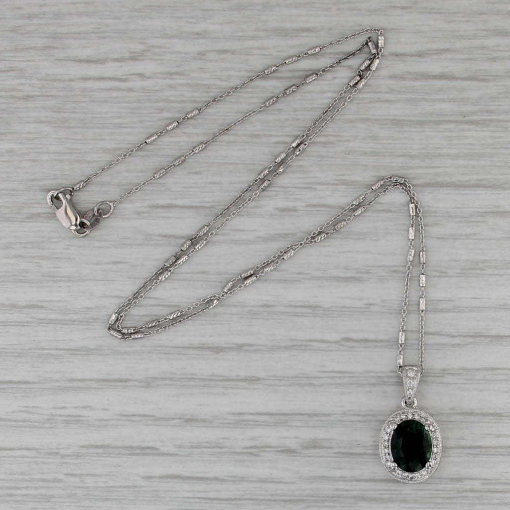 1.90ctw Green Tourmaline Diamond Halo Pendant Necklace 14k Whtie Gold 18.5"