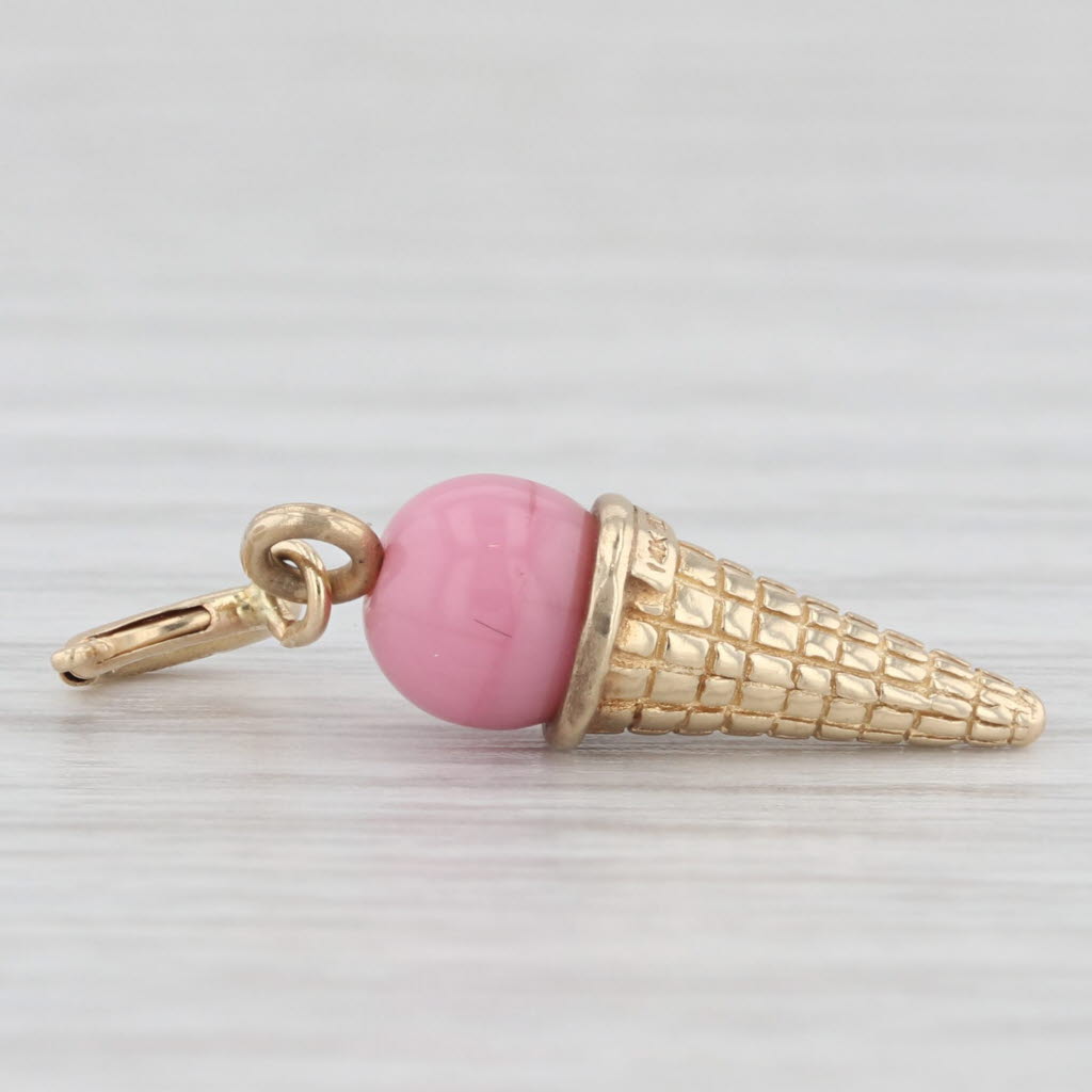 Light Gray Ice Cream Cone Charm 14k Yellow Gold Pink Enamel Pendant