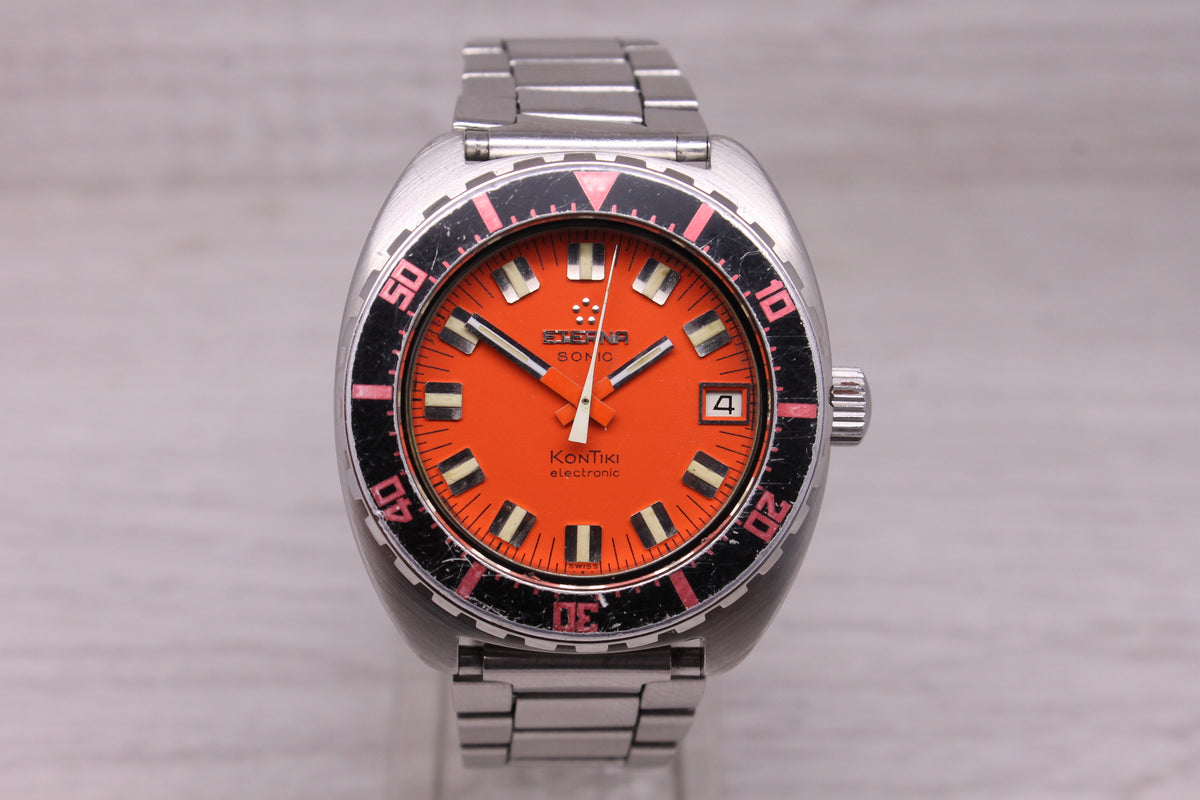 Vintage Eterna Sonic Kontiki Orange 41mm Steel Divers Watch Tuning Fork