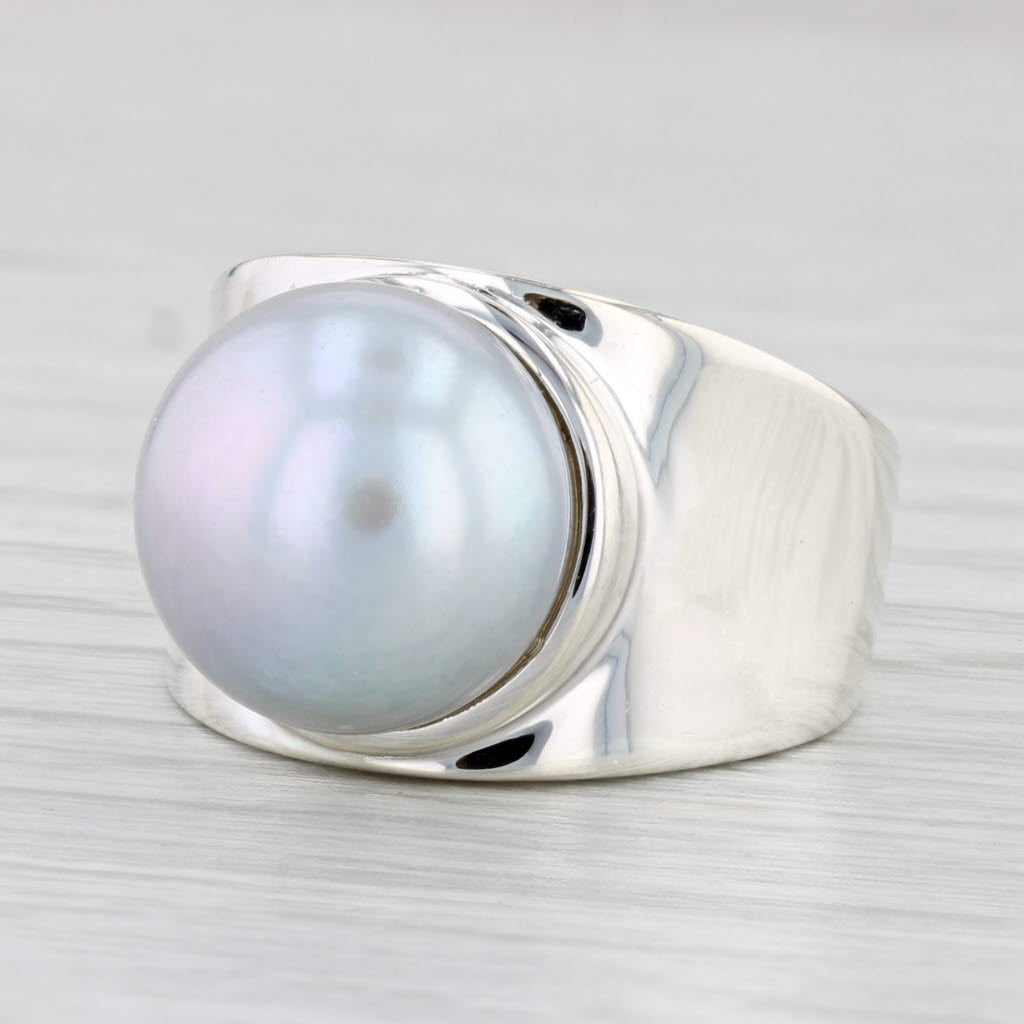 Light Gray Gray Simulated Pearl Ring Sterling Silver Size 6 Round Button Solitaire