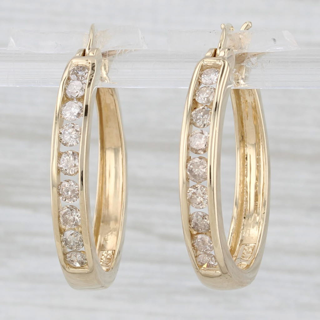 Light Gray 0.75ctw Channel Set Diamond Hoop Earrings 14k Yellow Gold Snap Top Round Hoops