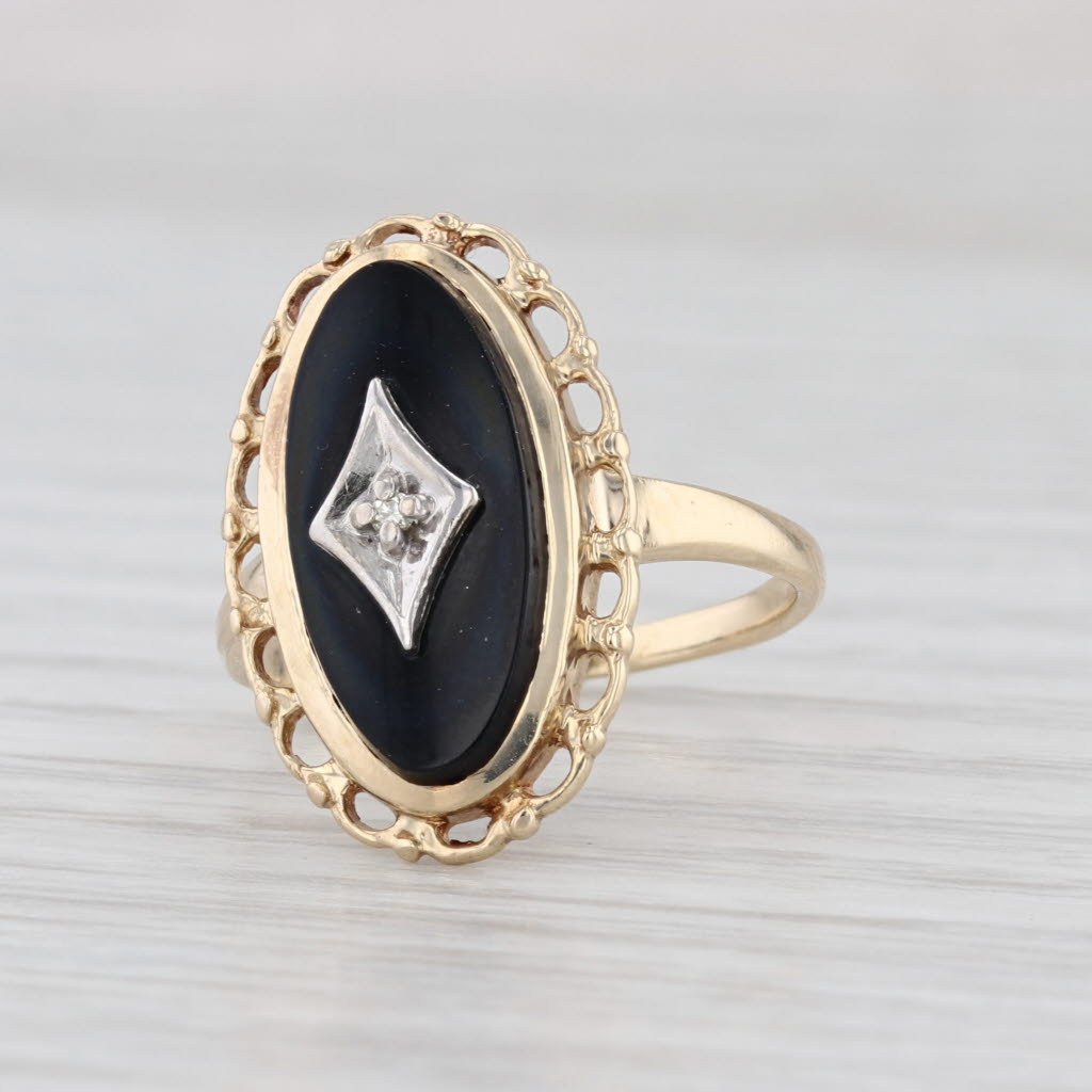 Vintage Onyx Diamond Signet Ring 10k Yellow Gold Size 5.5