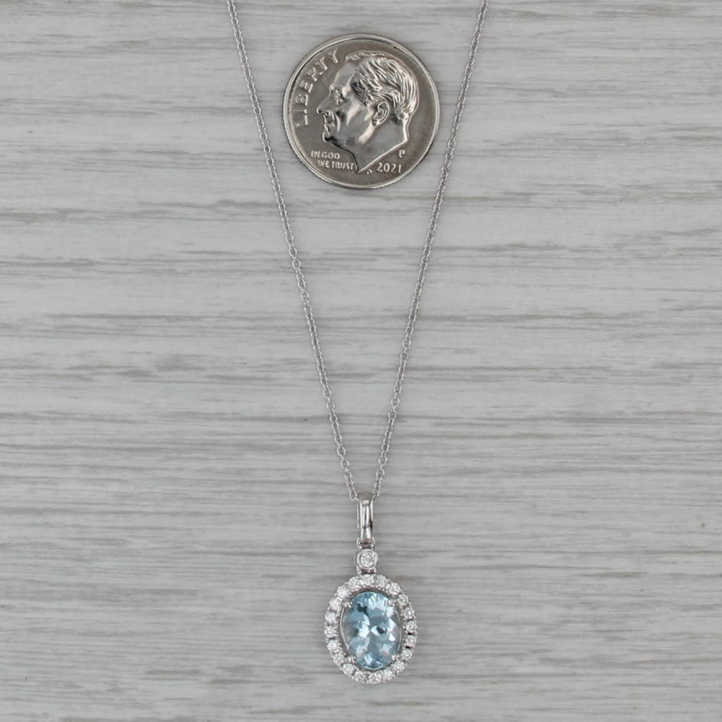 New 1.45ctw Aquamarine Diamond Halo Pendant Necklace 14k White Gold 18"