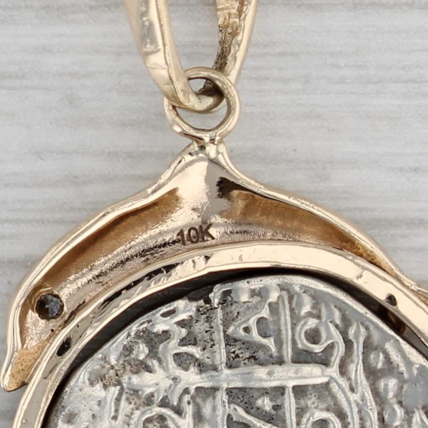 Gray Ancient Coin Copy Dolphin Bezel Pendant Cubic Zirconia 10k Gold Sterling Silver