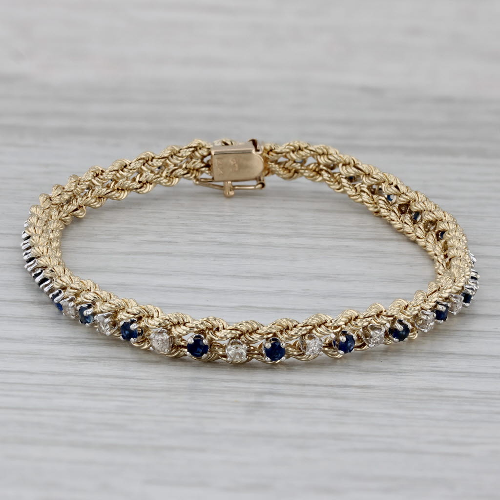 Gray 1.92ctw Blue Sapphire Diamond Tennis Bracelet 14k Yellow Gold 6.5" Rope Chain