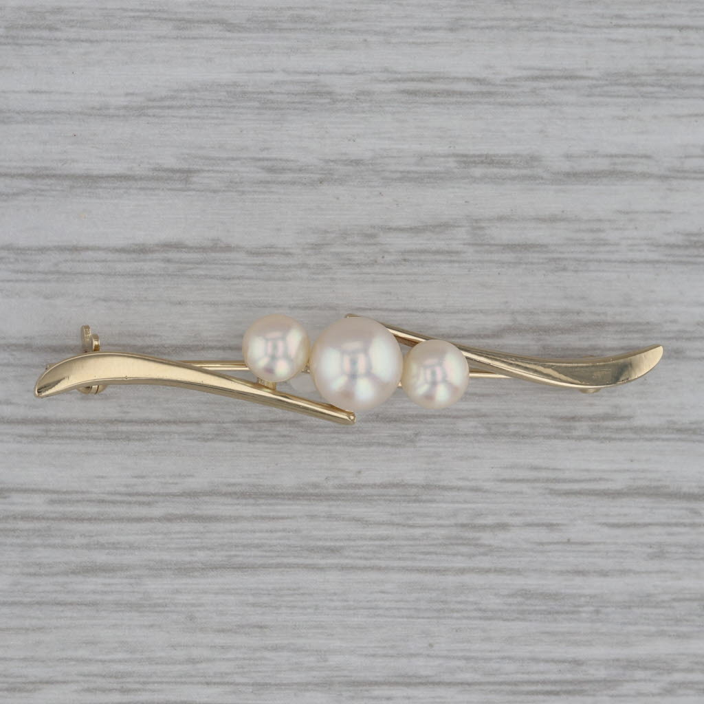 Dark Gray Vintage Mikimoto Cultured Pearl Bar Brooch w/ Box 14k Yellow Gold