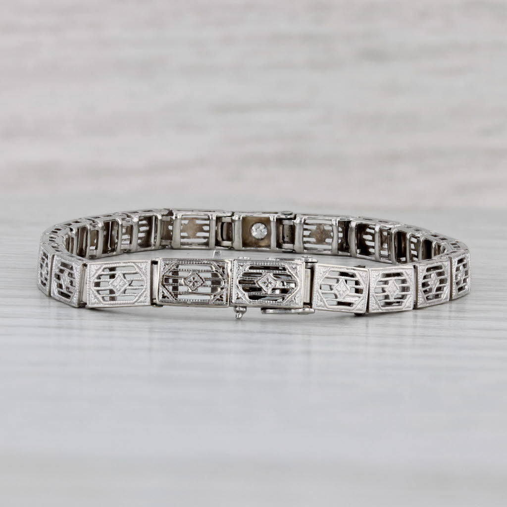Art Deco 0.13ctw Diamond Filigree Bracelet 14k White Gold 6" 4.6mm