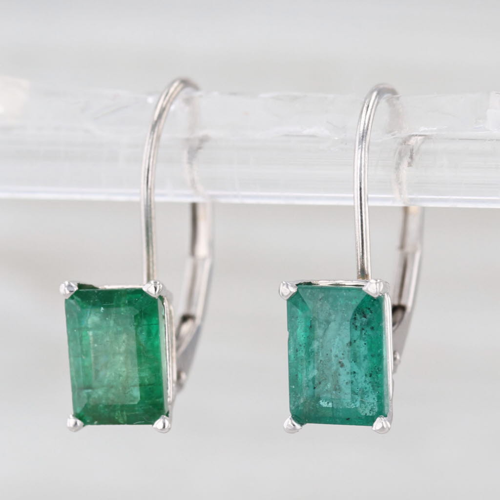 2ctw Emerald Cut Emerald Drop Earrings 14k White Gold Lever Backs