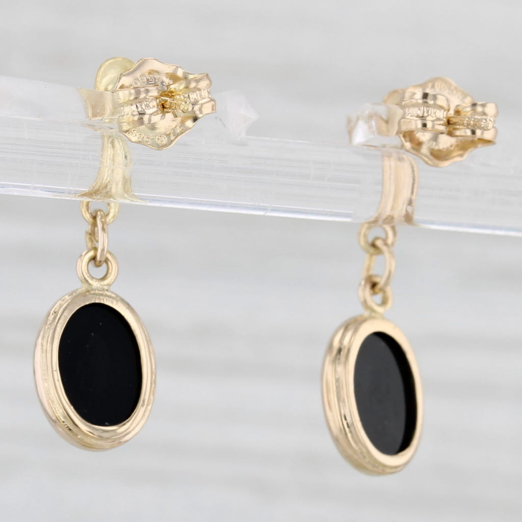 Light Gray Black Onyx Oval Fleur de Lis 14k Yellow Gold Earrings